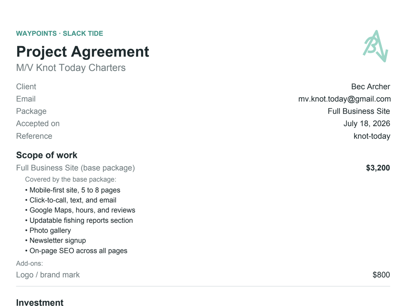 Generated agreement PDF, line-itemed with brand mark