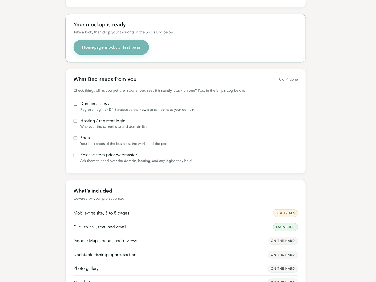 Client checklist ("What Bec needs from you") with the mockup card