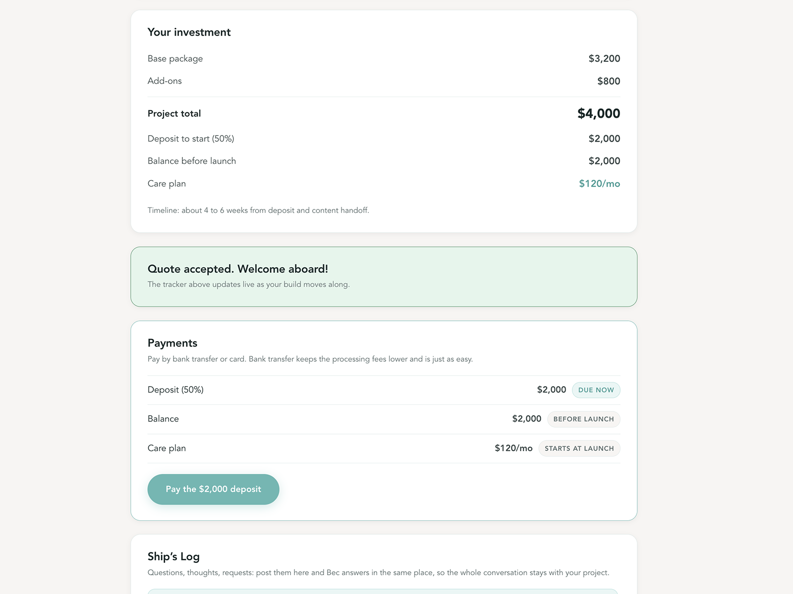 Deposit checkout: Stripe hosted, bank transfer offered first