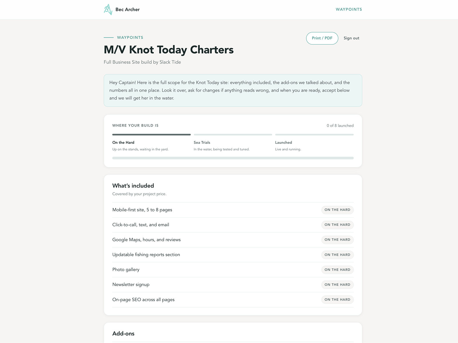 Quote view: scope, add-ons, investment box