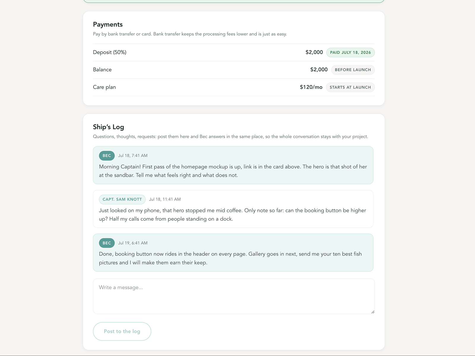 Ship's Log message board with the running project thread